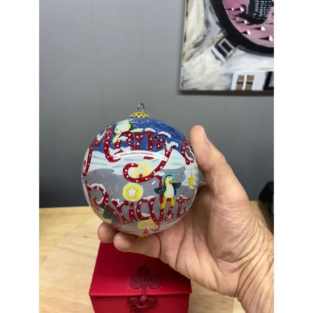 Hand Painted Glass Penguin Ornament in Satin Gift Box | Merry & Bright 2010
